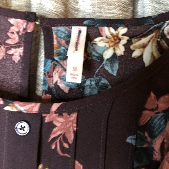 Xhiliration Wine Floral Print Long Sleeve Scoop Neck Ruffle Front Dress Medium - Picture 7 of 16